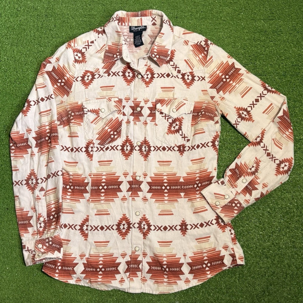 Wrangler Retro Women Western Shirt S Cream Red Southwestern Pearl Snap Cowgirl